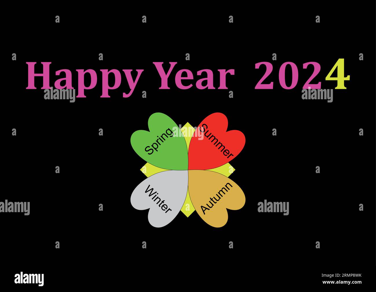 Felice anno 2024: Auguri per quattro periodi: Primavera, estate, autunno, inverno del 2024. Illustrazione Vettoriale