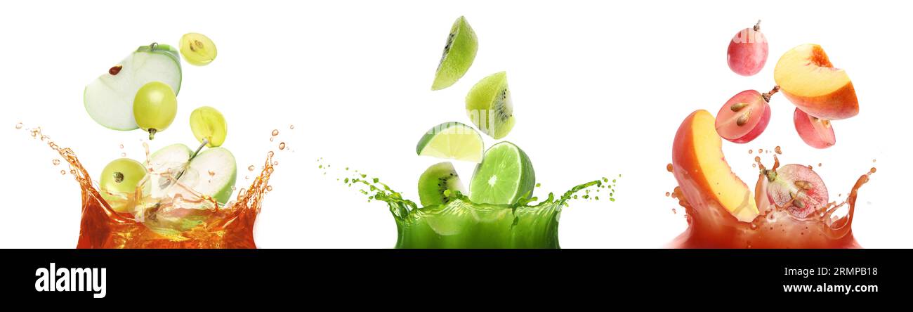 Set con gustosi mix di succo e frutta fresca isolata su bianco Foto Stock