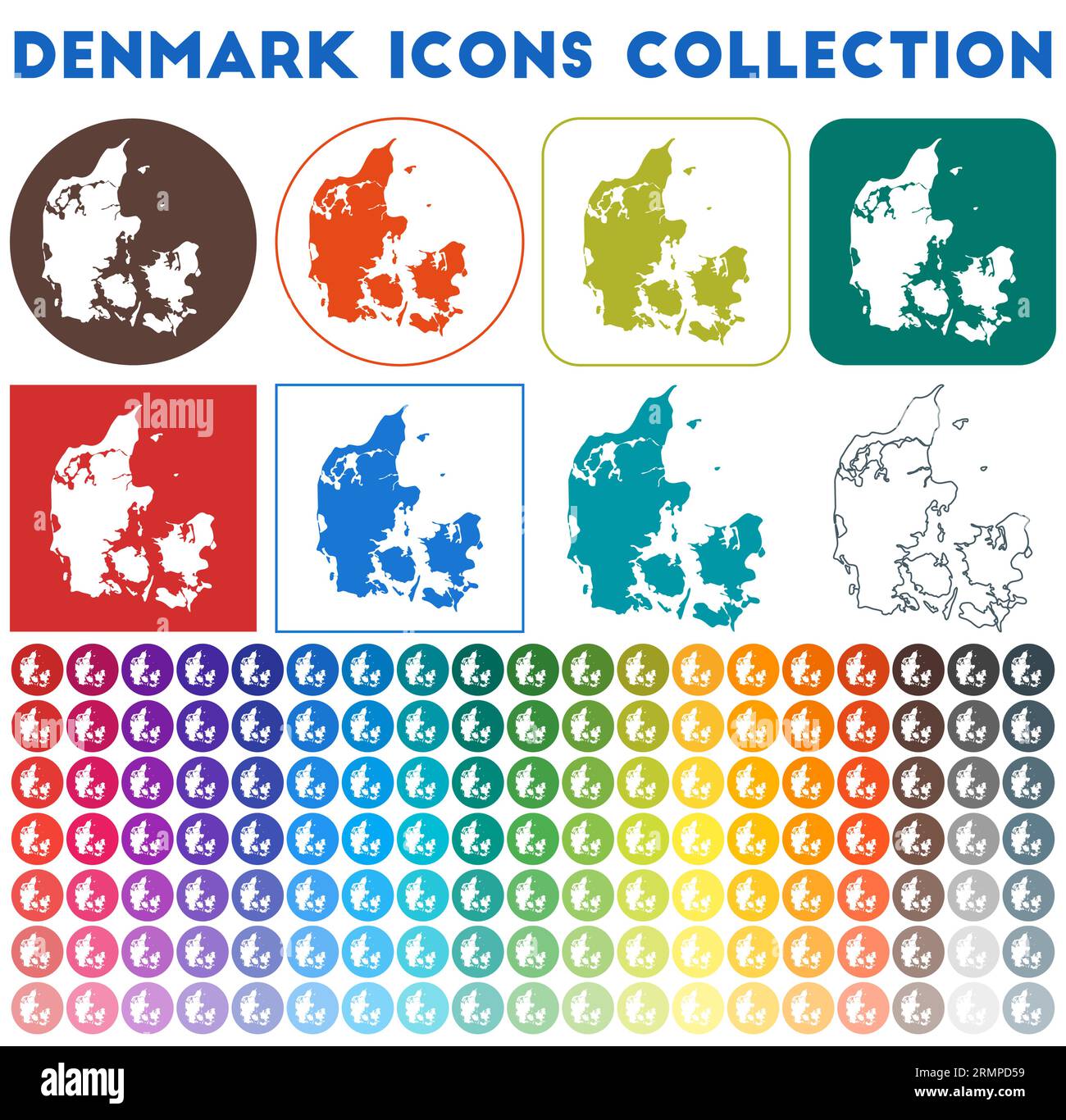 Collezione di icone della Danimarca. Icone della mappa colorate e alla moda. Distintivo Danimarca moderna con mappa del paese. Illustrazione vettoriale. Illustrazione Vettoriale