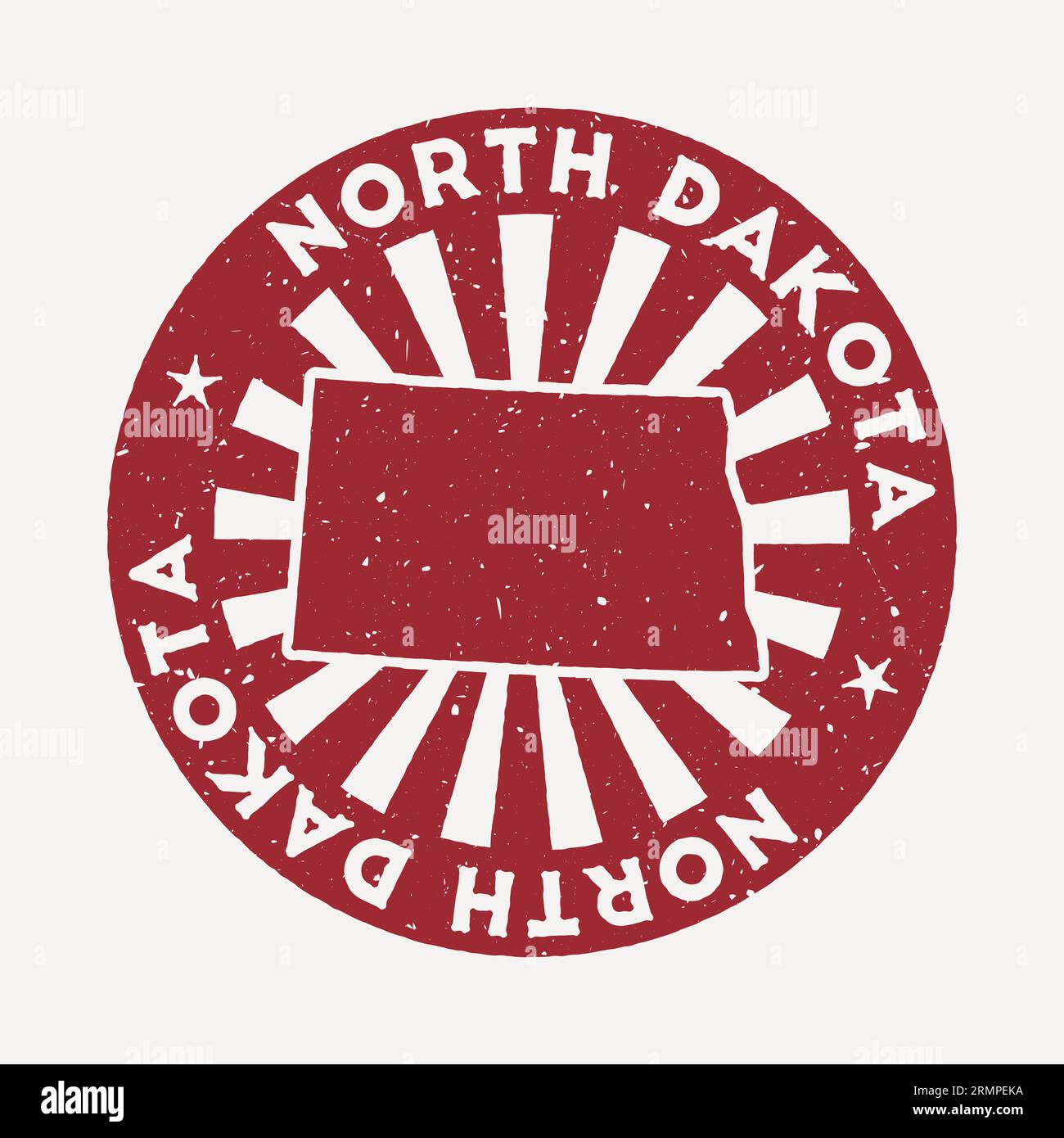 Francobollo del North Dakota. Timbro di gomma rosso con la mappa dello stato noi, illustrazione vettoriale. Può essere utilizzato come insegna, logotipo, etichetta, adesivo o badge Illustrazione Vettoriale