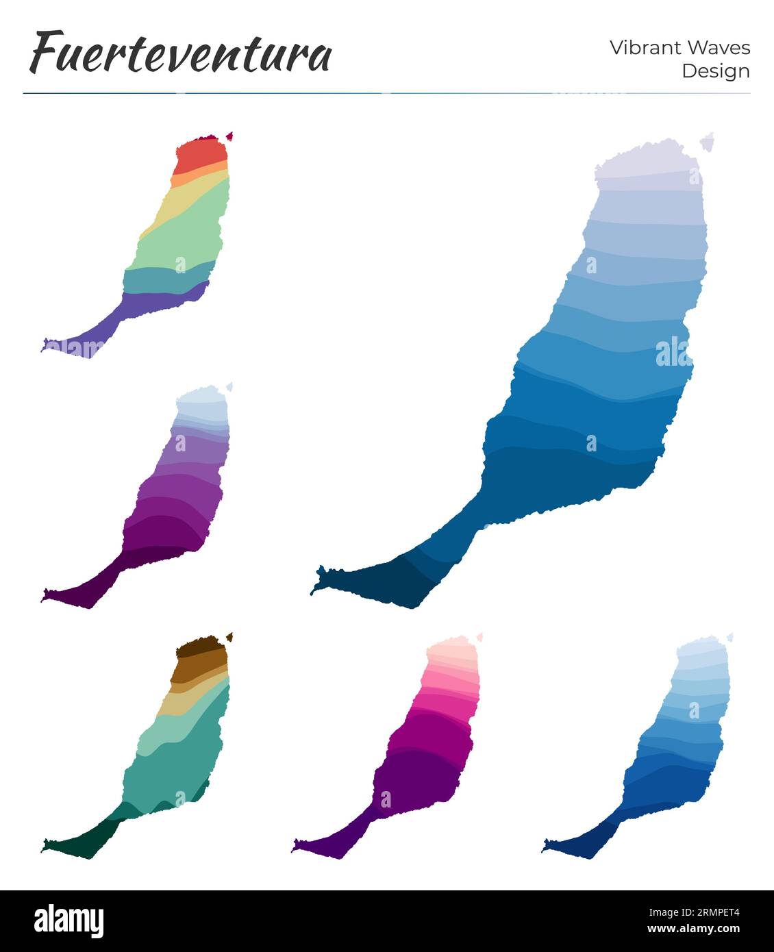 Serie di mappe vettoriali di Fuerteventura. Design dalle onde vibranti. Mappa luminosa dell'isola in stile geometrico con curve lisce. Illustrazione Vettoriale