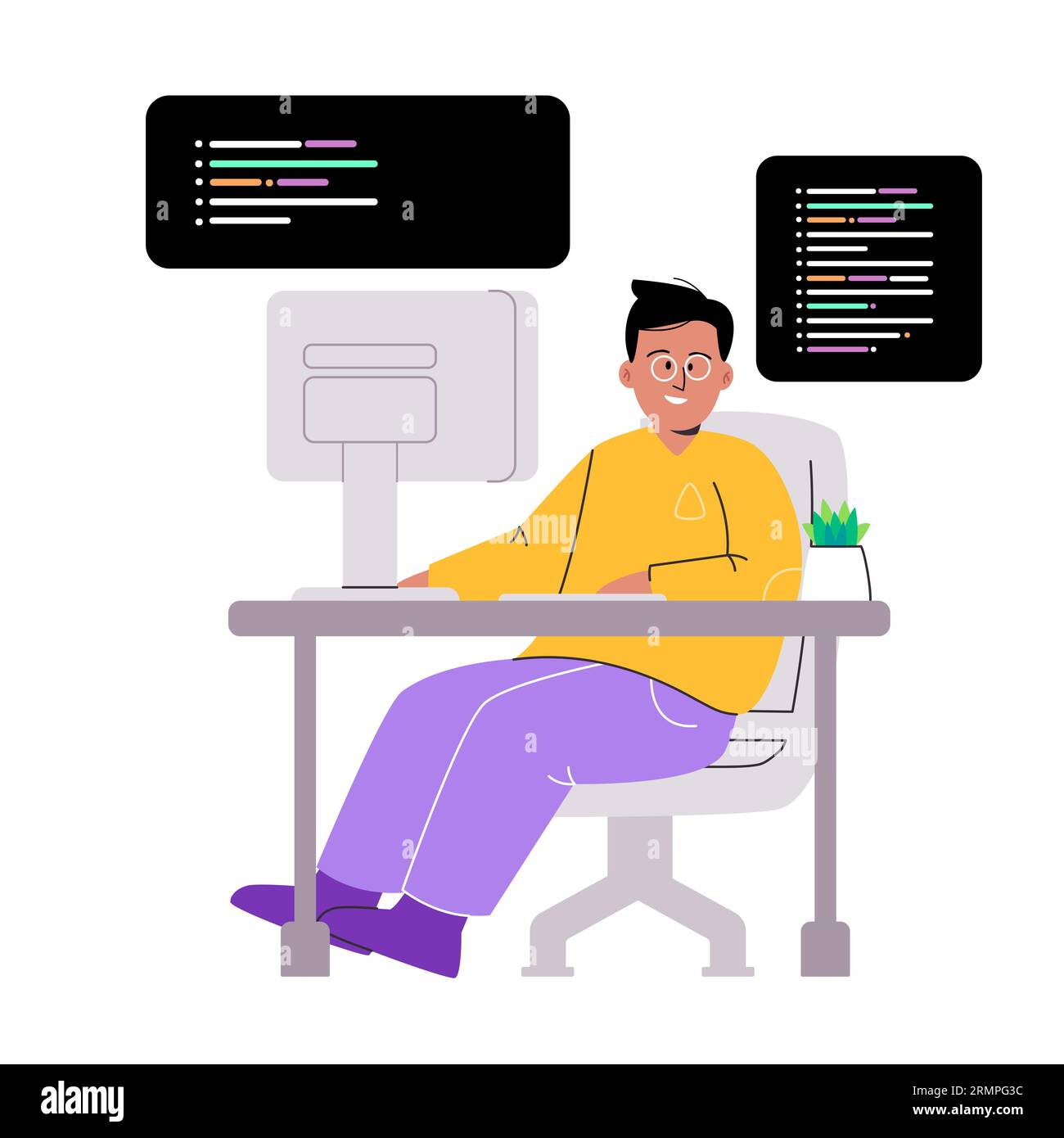 Uomo che lavora con il programmatore di codici per disegnare illustrazioni, ingegnere professionista alla scrivania Illustrazione Vettoriale