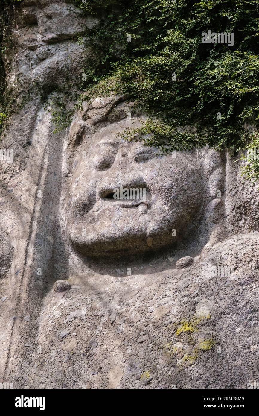 Giappone, Kyushu, Penisola di Kunisaki. Kumano Magaibutsu, scultura buddista di rilievo Stonewall di Fudo Myo-o risalente all'VIII secolo. Prefettura di Oita. Foto Stock