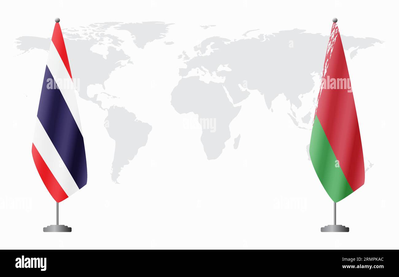Thailandia e bandiere bielorusse per un incontro ufficiale sullo sfondo della mappa mondiale. Illustrazione Vettoriale