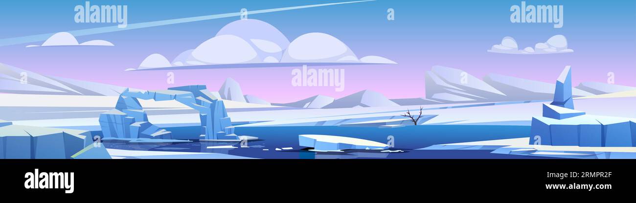 Paesaggio fluviale invernale con ciottoli di ghiaccio sulla superficie dell'acqua. Cartoni animati vettoriali che illustrano lo sfondo della natura nordica, arco di pietre bianche, cielo blu e rosa con nuvole, terra del polo nord ricoperta di neve Illustrazione Vettoriale