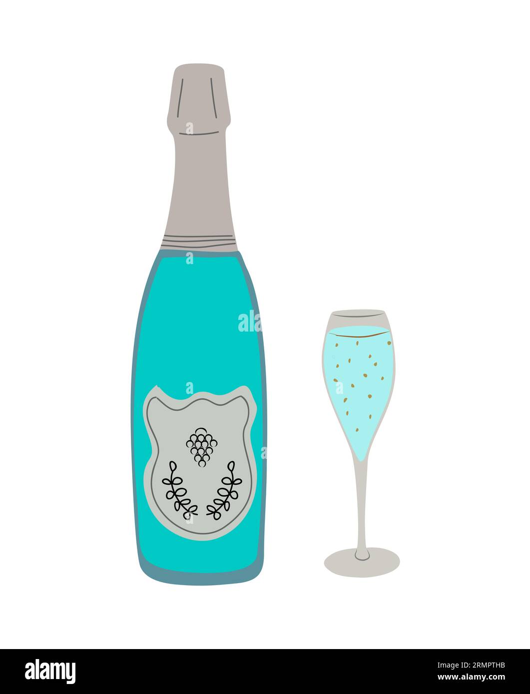 Bottiglia blu champagne con vetro vettoriale su bianco. Illustrazione Vettoriale