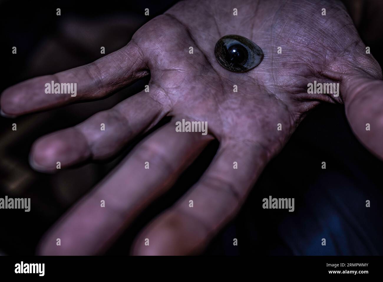 Idlib, Siria. 9 agosto 2023. Una foto scattata il 9 agosto mostra l'uomo siriano Ahmed Hamid, 29 anni, che tiene un occhio di vetro posto al posto dell'occhio sinistro a causa della sua deformità, mentre ha perso completamente la vista a causa del suo infortunio in un attacco missilistico da parte del regime siriano. Al Noor Camp for the Blind comprende 100 famiglie, tutte cieche, comprese le persone che hanno perso la vista a causa della guerra. Credito: Anas Alkharboutli/dpa/Alamy Live News Foto Stock