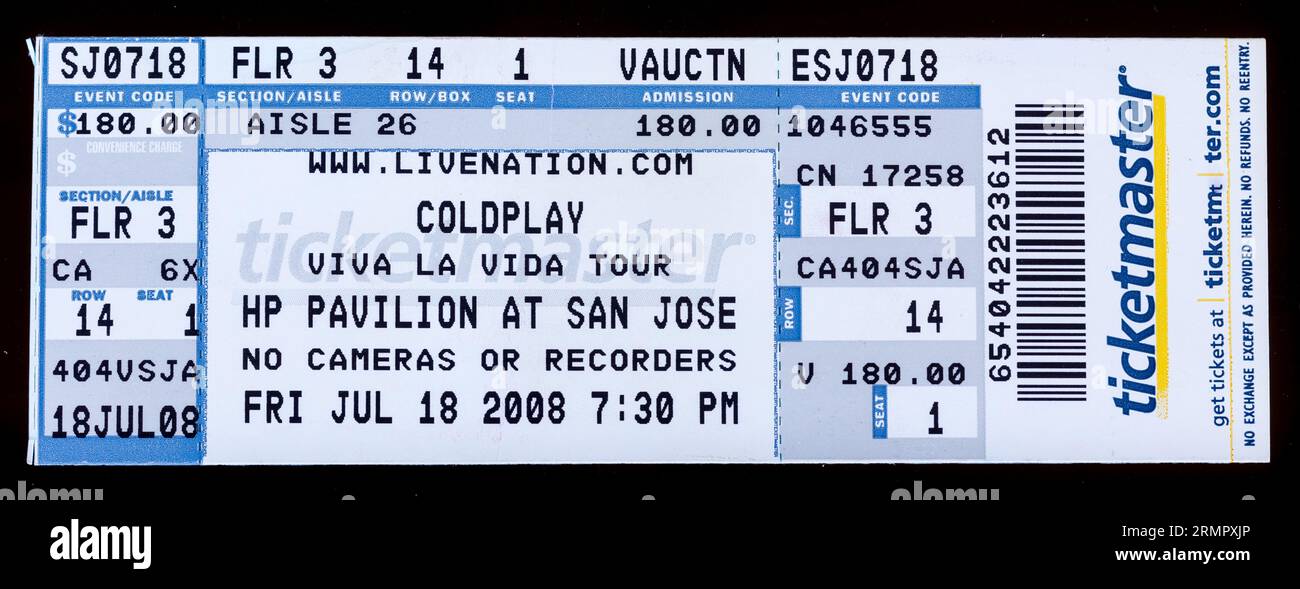San Jose, California - 18 luglio 2008 - biglietto usato per il concerto dei Coldplay all'HP Pavilion Foto Stock