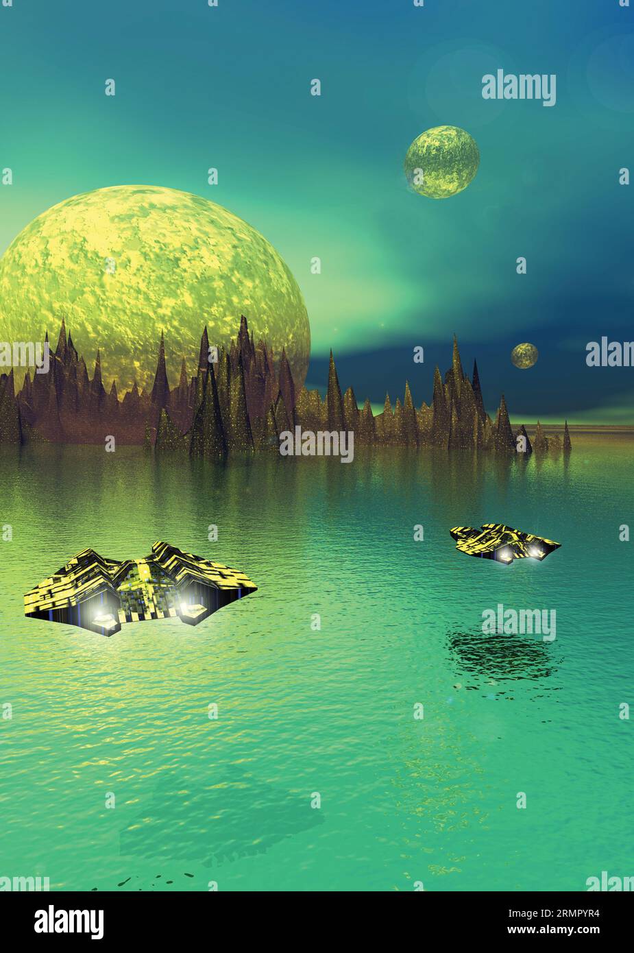 pianeta alieno con astronavi che volano sull'acqua Foto Stock