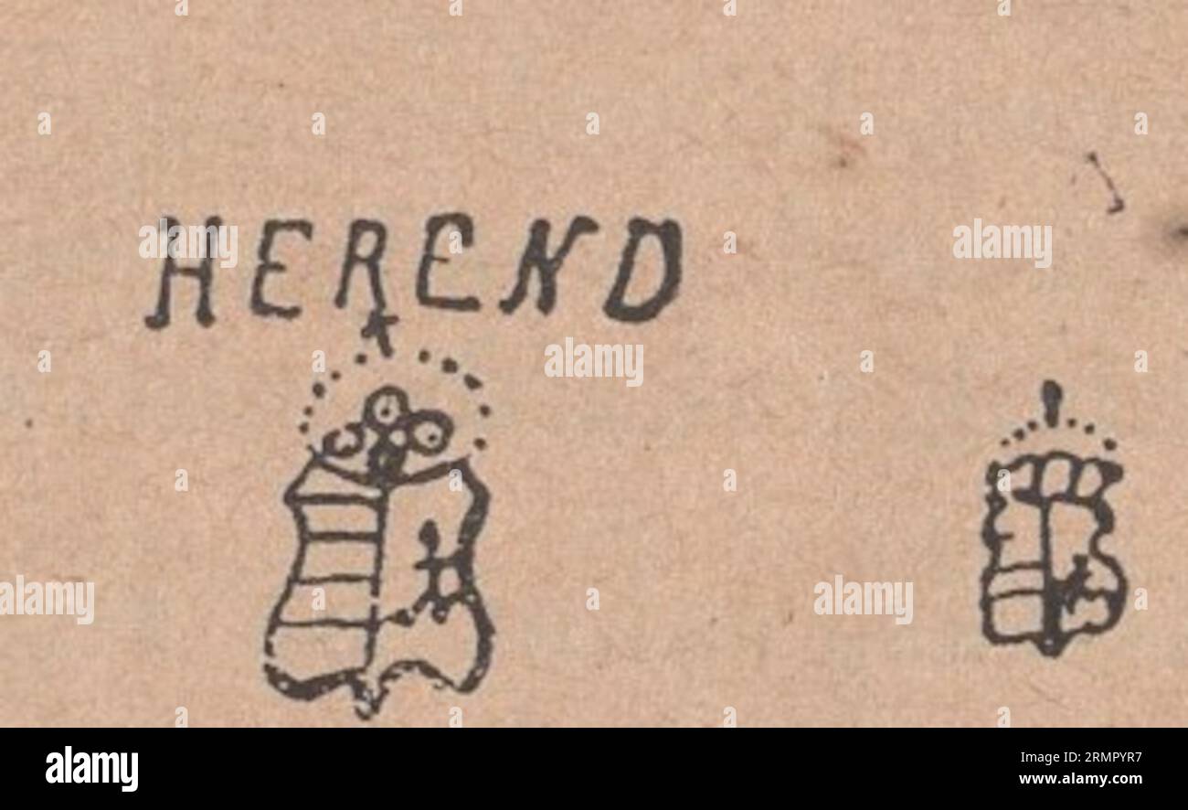 Illustrazioni originali d'epoca su marchi di porcellana e ceramica ungheresi - marchi Herend risalenti a prima del 1945 Foto Stock