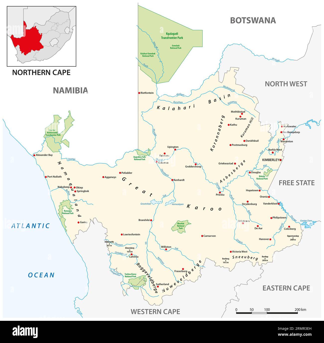 Mappa vettoriale di Northern Cape Province, Sudafrica Foto Stock