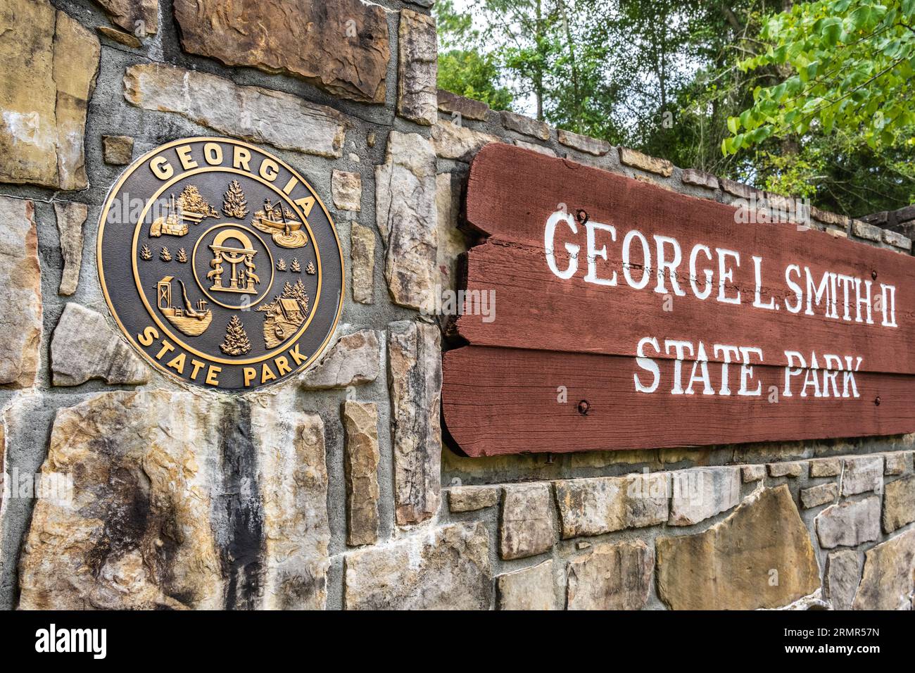 Cartello d'ingresso per il George L. Smith II State Park a Twin City, Georgia. (USA) Foto Stock