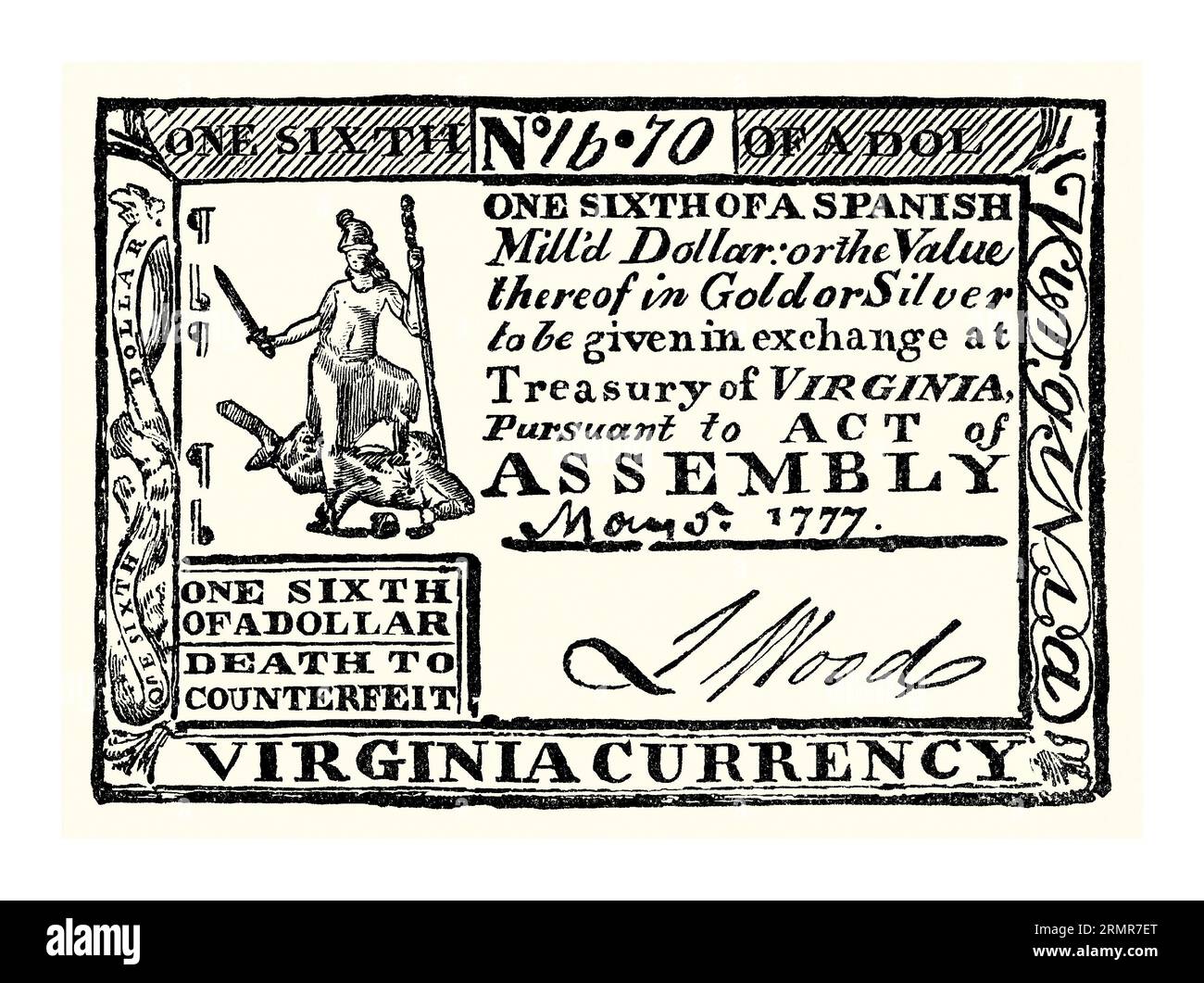 Una vecchia incisione della moneta cartacea – un sesto di dollaro – usata in Virginia, USA nel 1777. È tratto da un libro di storia americana del 1895. Dopo l'inizio della guerra di indipendenza americana nel 1775, il Congresso continentale iniziò a emettere carta moneta conosciuta come Continental currency, o Continentals. Questa valuta era denominata in dollari da 1⁄6 a 80 dollari. Un problema importante era che la politica monetaria non era coordinata tra gli stati. Un'altra questione era che i britannici condussero con successo una guerra economica contraffando Continentals su larga scala (vedi nota in basso a sinistra del disegno di legge). Foto Stock