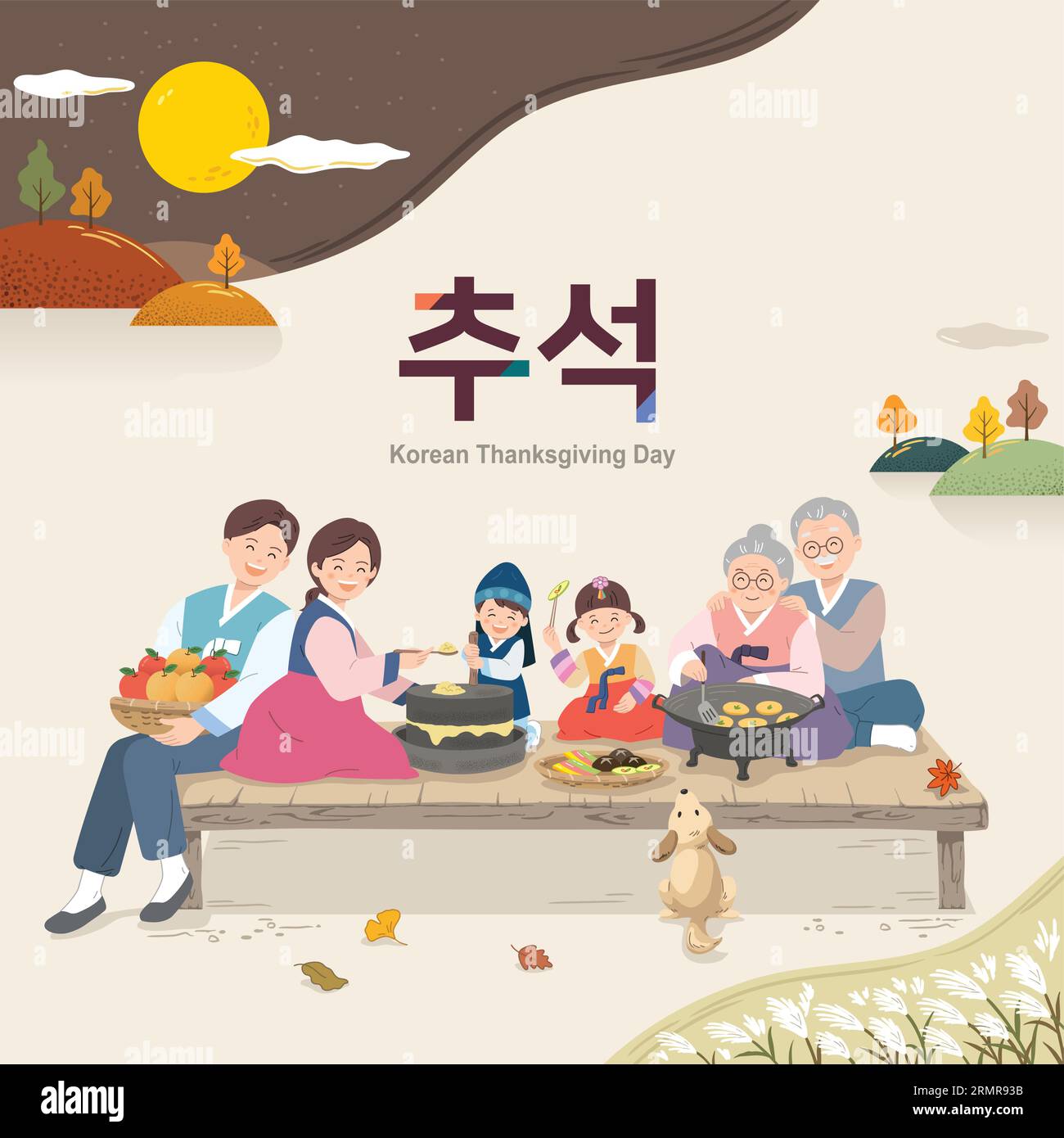 Scena coreana del giorno del Ringraziamento, grande famiglia che indossa hanbok cucinando tradizionale cibo delle vacanze. Ringraziamento, traduzione coreana. Illustrazione Vettoriale