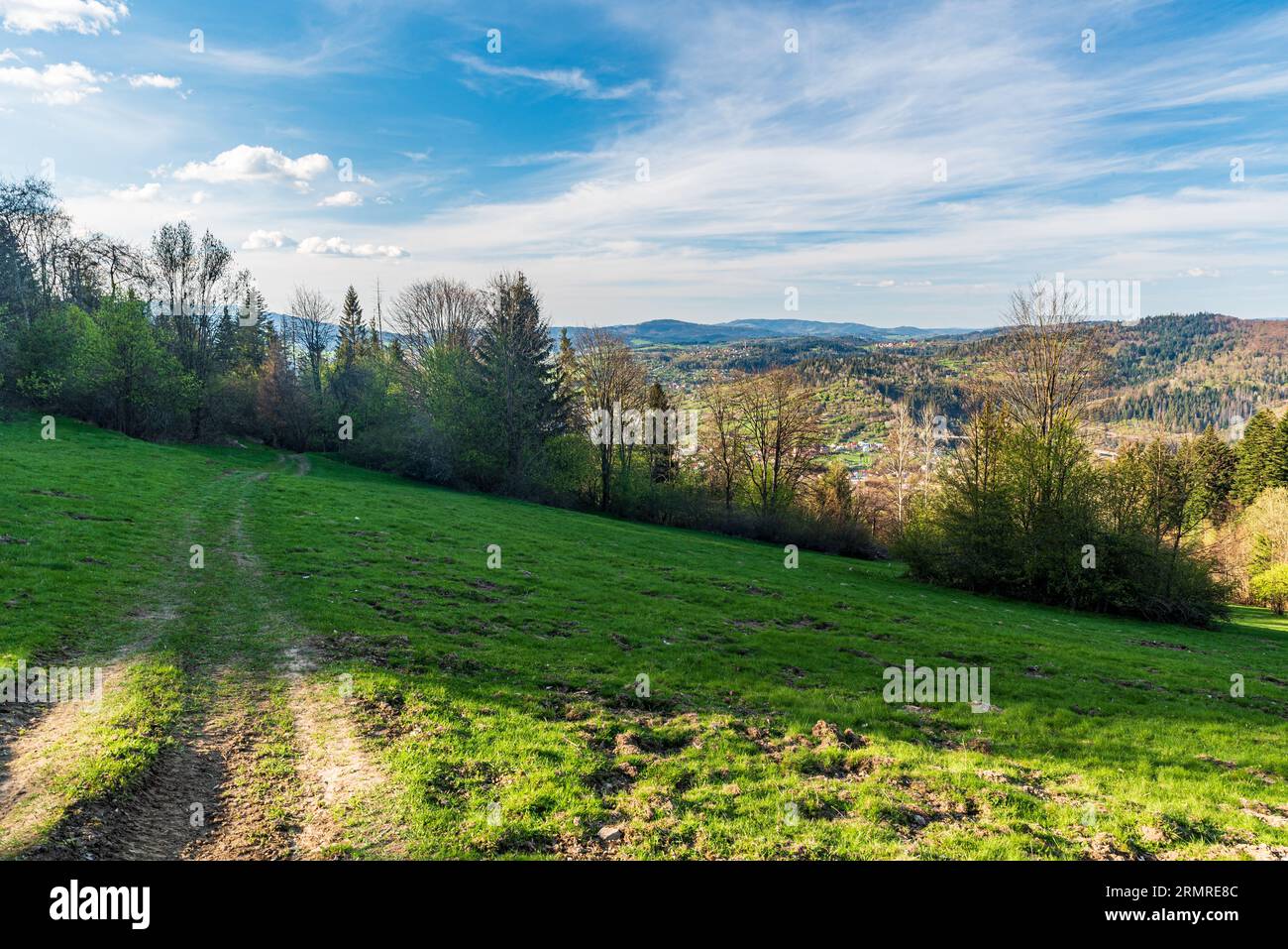 Serata di primavera sulle montagne Javorniky sopra la città di Cadca in Slovacchia, con colline coperte da un mix di prati e foreste Foto Stock