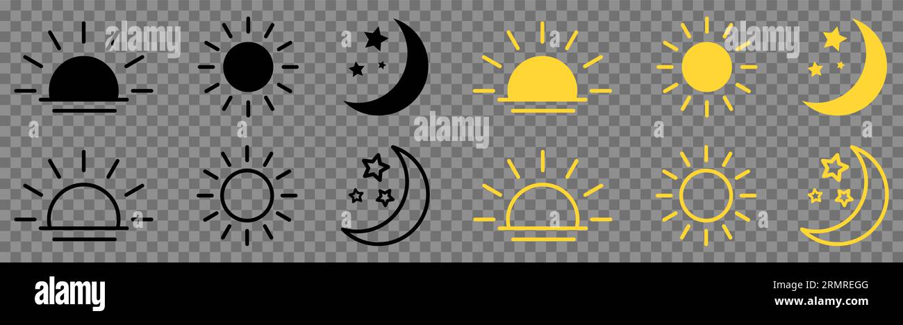 Icone dell'ora del giorno. Icone di tramonto, sole, luna. Illustrazione vettoriale isolata su sfondo trasparente Illustrazione Vettoriale