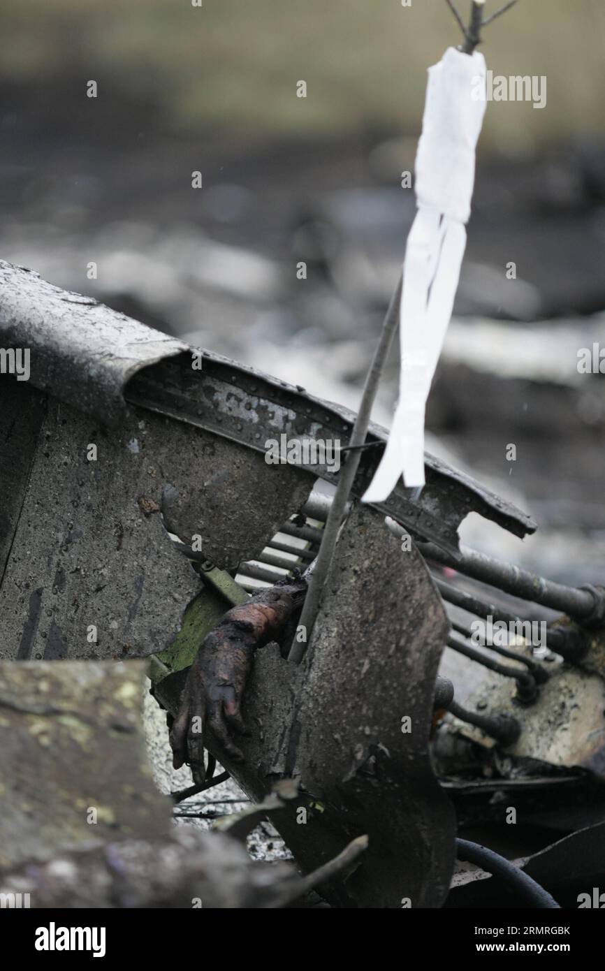 (140718) -- DONETSK, 18 luglio 2014 (Xinhua) -- si vede Una mano dai detriti dell'MH17 della Malaysian Airlines vicino alla città di Shakhtarsk, nella regione Ucraina di Donetsk, 18 luglio 2014. Venerdì il ministro malese dei trasporti Liow Tiong Lai ha dichiarato che, secondo l'allegato 13 dell'Organizzazione internazionale dell'aviazione civile, il governo ucraino dovrebbe avviare un'indagine sulle circostanze del mortale incidente MH17 ed essere responsabile dello svolgimento dell'indagine. (Xinhua/Alexander Ermochenko)(zhf) UCRAINA-DONETSK-MH17-CRASH-DEBRIS PUBLICATIONxNOTxINxCHN Foto Stock