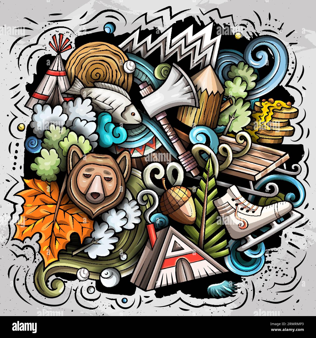 Illustrazione del doodle del fumetto del Canada. Divertente design canadese. Sfondo creativo vettoriale con elementi e oggetti del paese del Nord America. Compos colorati Illustrazione Vettoriale