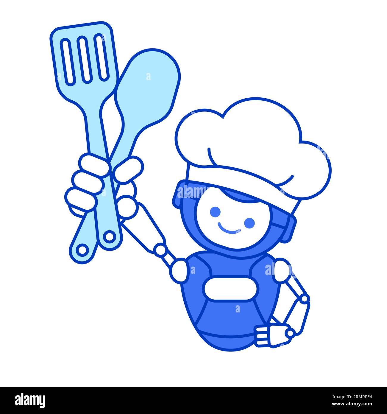 Robot chef con spatola e cucchiaio. Illustrazione della mascotte robot chef Illustrazione Vettoriale