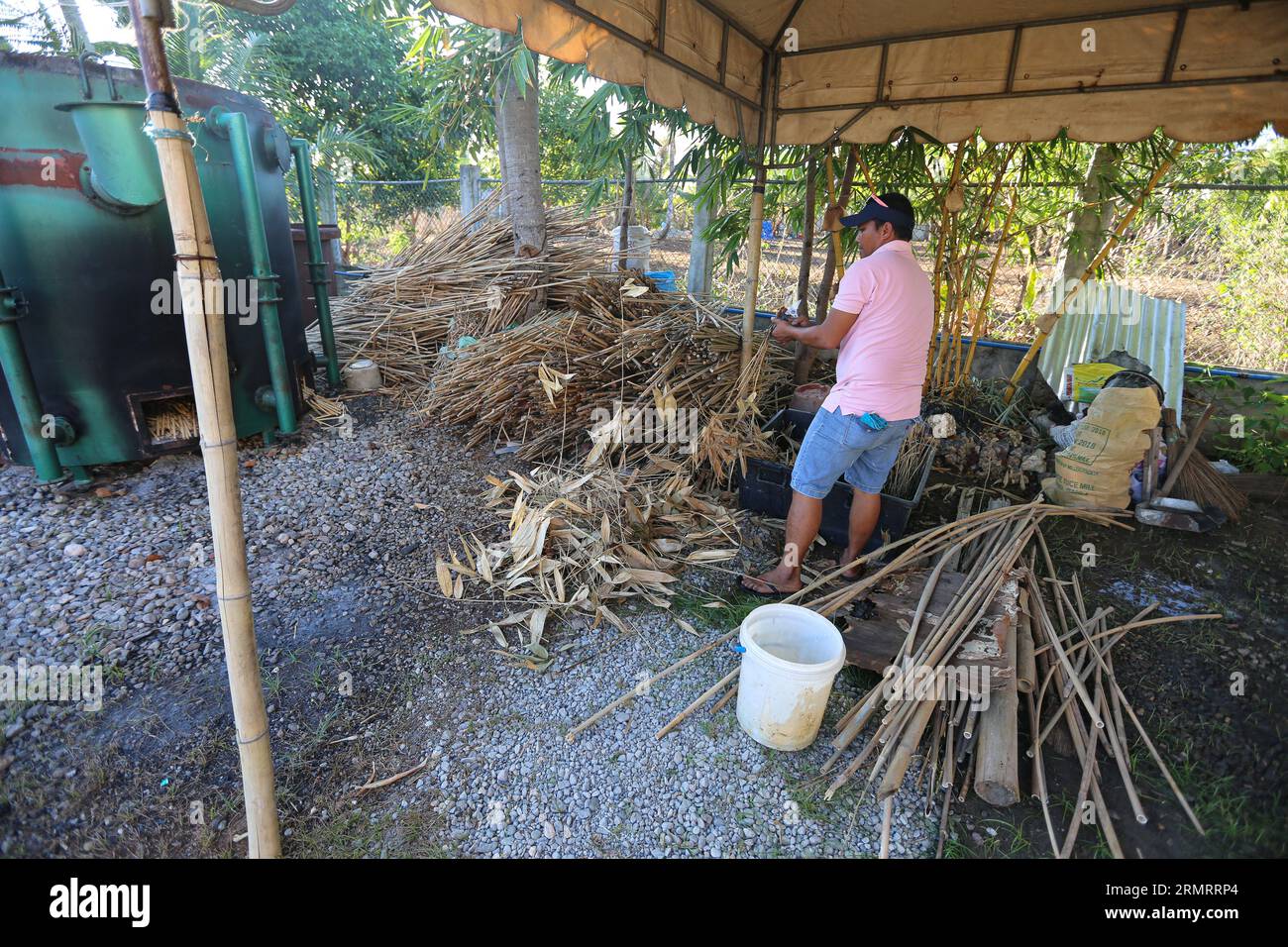 Il processo di produzione delle cannucce di bambù nell'impresa sociale: Bantayan Bamboo Innovation Workshop. Paglia in plastica alternativa sostenibile, ecocompatibile Foto Stock