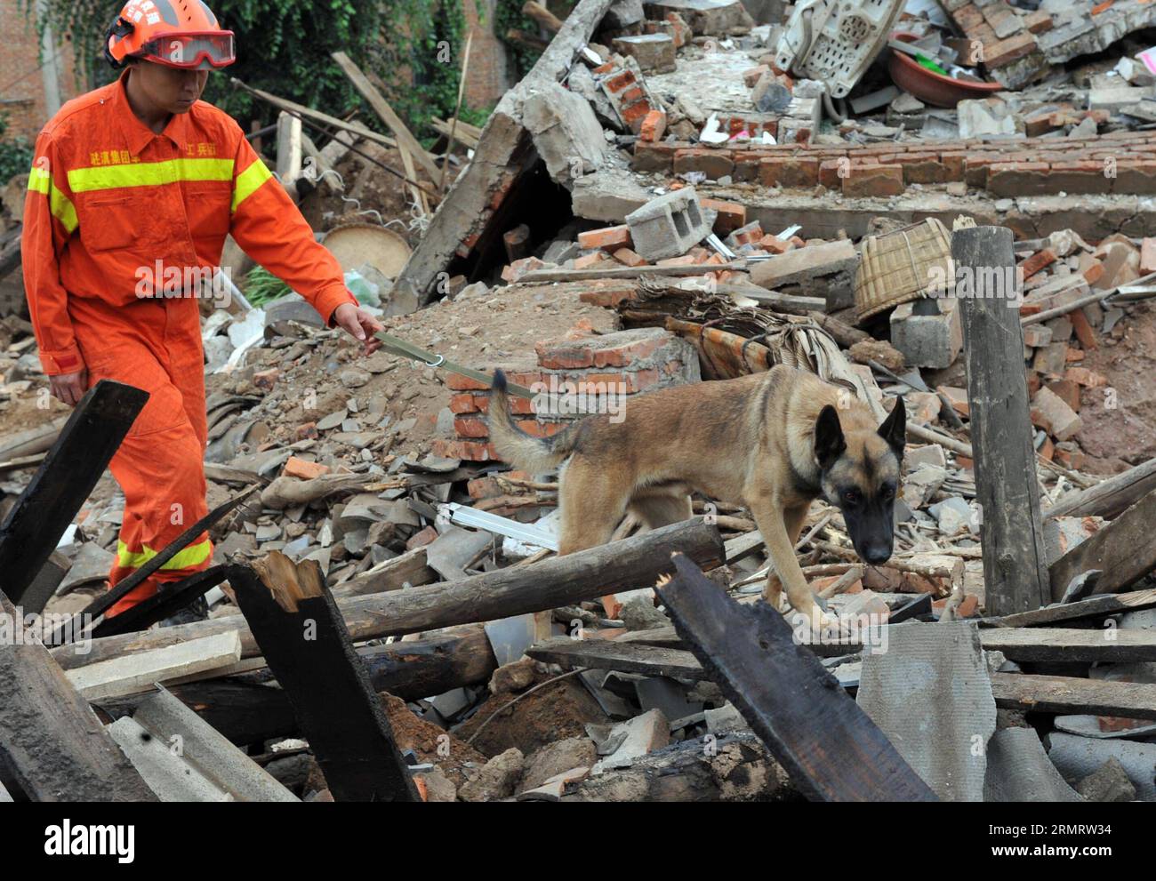 Un soccorritore cerca i sopravvissuti tra le rovine dopo un terremoto di magnitudo 6,5 ha colpito Longtoushan Town sotto Ludian County di Zhaotong, nella provincia dello Yunnan della Cina sud-occidentale, 4 agosto 2014. Longtoushan Town è l'epicentro del terremoto, che ha colpito alle 16:30 domenica (ora di Pechino) con una profondità di 12 km Alle 14:00 di lunedì, il terremoto ha ucciso 398 persone e ne ha feriti 1.801, colpendo più di un milione di altre a Zhaotong e Qujing. ) (lmm) CHINA-YUNNAN-LUDIAN-EARTHQUAKE-EPICENTER-RESCUE (CN) ChenxHaining PUBLICATIONxNOTxINxCHN un soccorritore cerca Survivors Among Ruins dopo 6 5 ma Foto Stock