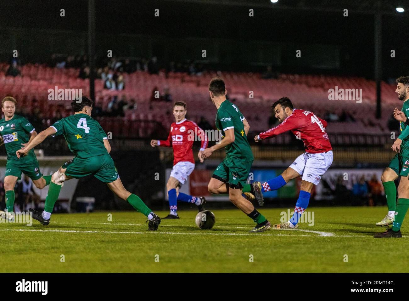 Sunshine North, Australia. 29 agosto 2023. Gian Albano, attaccante dei Melbourne Knights, fa un tiro appena fuori dal box da 18 yard. Crediti: James Forrester/Alamy Live News Foto Stock