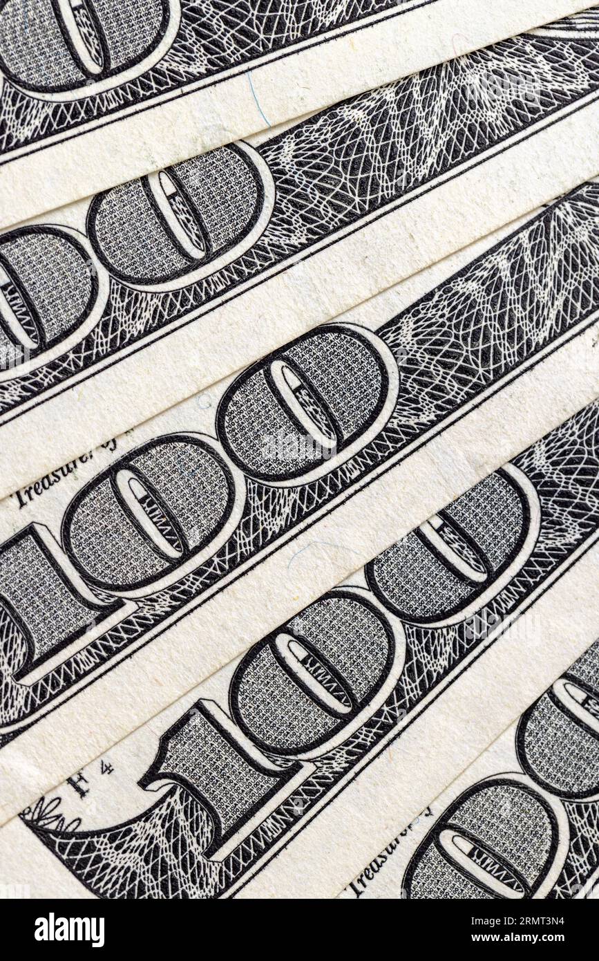 Primo piano di un gruppo di cento dollari americani, dettagli di 100 dollari americani in contanti Foto Stock