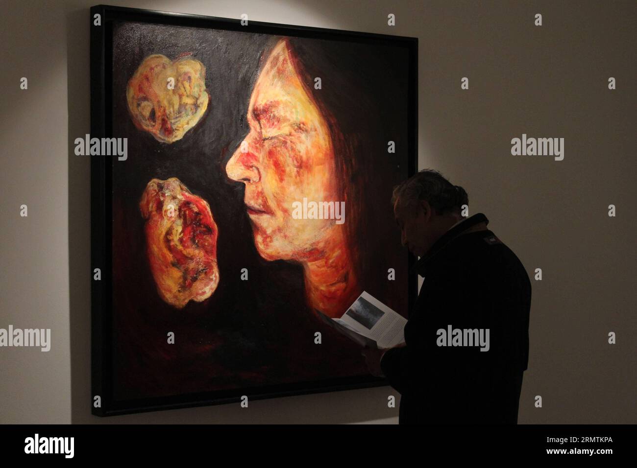 LIMA, 09 settembre 2014 -- Un residente osserva un'opera d'arte nella mostra Feminine universes , tenutasi nella Juan Pardo Heeren Gallery, dell'Istituto culturale peruviano nordamericano (ICPNA, per il suo acronimo in spagnolo), nella città di Lima, capitale del Perù, il 9 settembre 2014. La mostra universi femminili , è una mostra su dipinti e sculture di 39 artisti messicani, dove vengono mostrati diversi argomenti, tecniche e concetti, trovando un'unità in una prospettiva sull'identità e il genere. La mostra si tiene nella Galleria Juan Pardo Heeren dell'ICPNA di Lima, fino al 5 ottobre 2014. Luis Camacho) (rt) PE Foto Stock