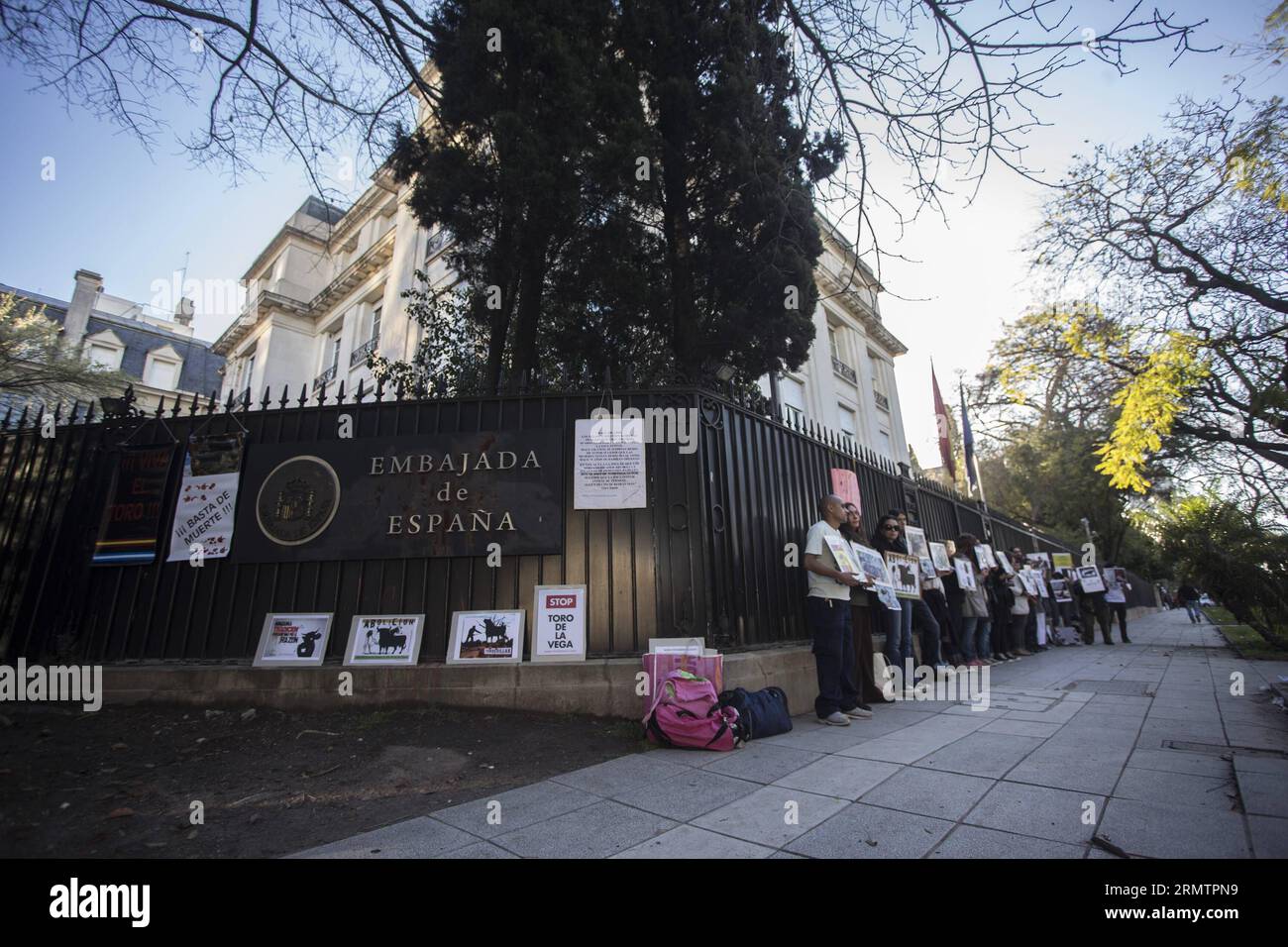 Gli attivisti prendono parte a una protesta contro l'uccisione di tori davanti all'ambasciata spagnola a Buenos Aires, Argentina, il 15 settembre 2014. I membri delle organizzazioni per i diritti degli animali si sono riuniti di fronte all'ambasciata spagnola per protestare contro l'uccisione dei tori nell'ambito del Torneo Toro de la Vega di Torsedillas, Spagna, che si svolge il secondo martedì di settembre e prevede la messa a morte di un toro. ) (vf) (sp) ARGENTINA-BUENOS AIRES-SPAGNA-SOCIETÀ-PROTESTA MartinxZabala PUBLICATIONxNOTxINxCHN attivisti prendono parte a una protesta contro l'uccisione di Bulls di fronte alla Spa Foto Stock