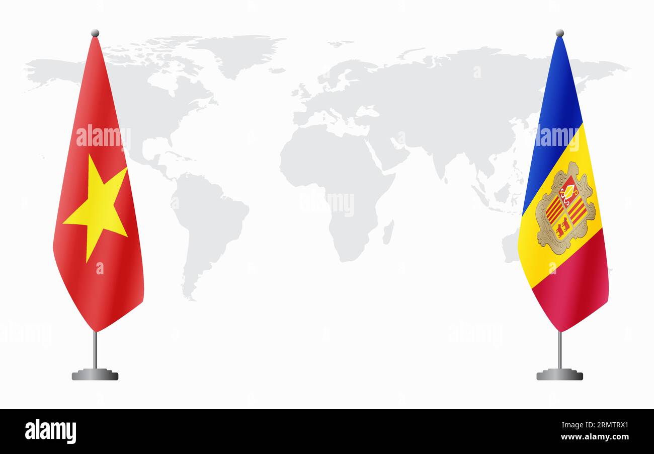 Vietnam e Andorra bandiere per un incontro ufficiale sullo sfondo della mappa mondiale. Illustrazione Vettoriale