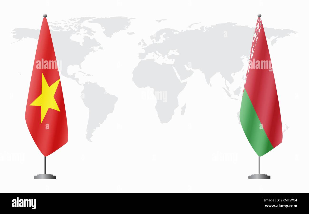 Bandiere vietnamite e bielorusse per riunioni ufficiali sullo sfondo della mappa mondiale. Illustrazione Vettoriale