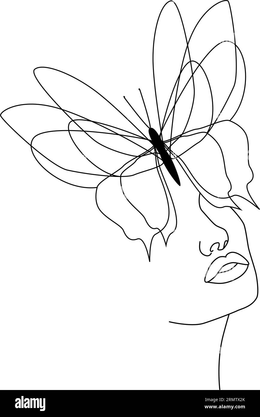 Farfalla. Faccia a farfalla, linea continua, disegno del viso e dell'acconciatura Illustrazione Vettoriale