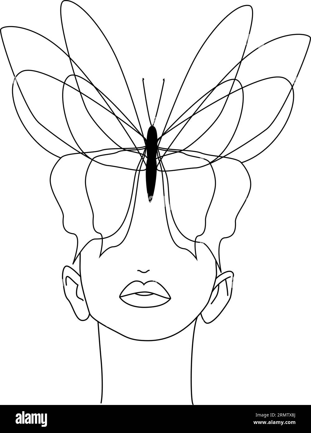 Farfalla. Faccia a farfalla, linea continua, disegno del viso e dell'acconciatura. Illustrazione Vettoriale
