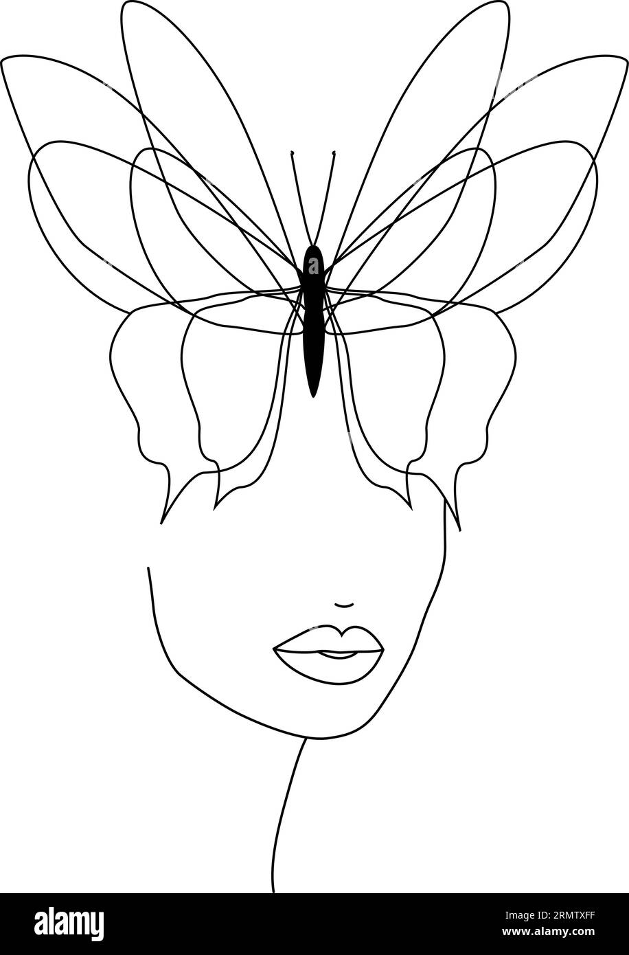 Farfalla. Faccia a farfalla, linea continua, disegno del viso e dell'acconciatura Illustrazione Vettoriale