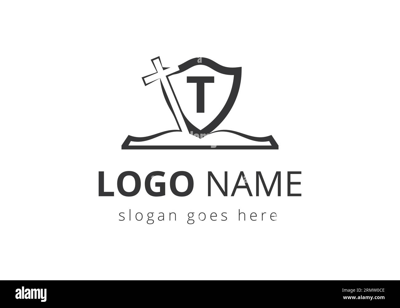 Logo della chiesa con concetto T Letter. Simboli cristiani. La croce del logo di Gesù per la chiesa cristiana Illustrazione Vettoriale