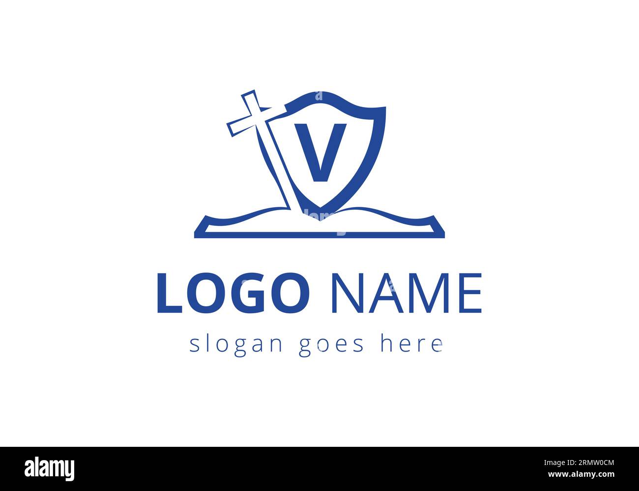 Logo della chiesa con concetto V Letter. Simboli cristiani. La croce del logo di Gesù per la chiesa cristiana Illustrazione Vettoriale