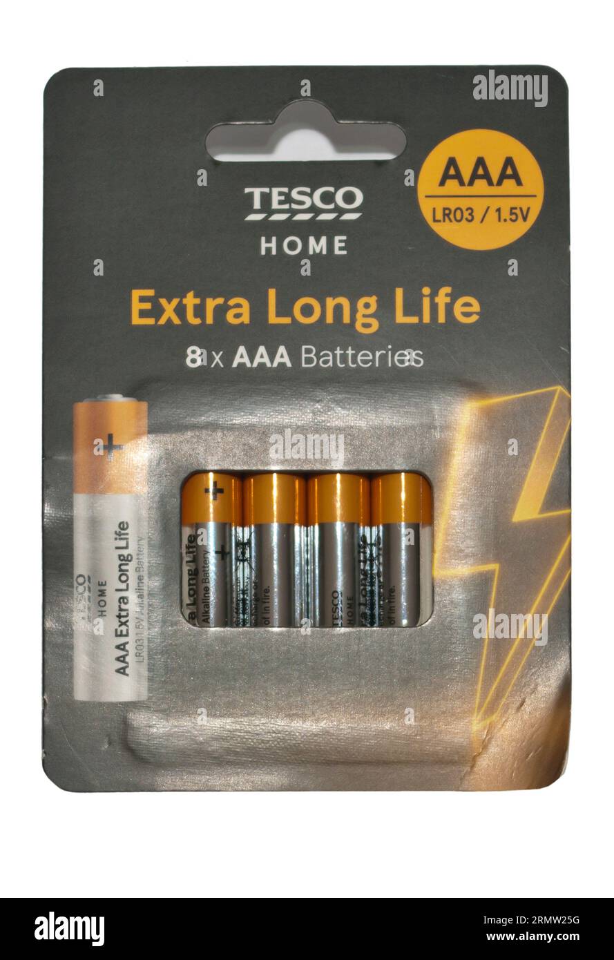 Confezione da 8 batterie AAA Tesco Home Extra Long Life Foto Stock