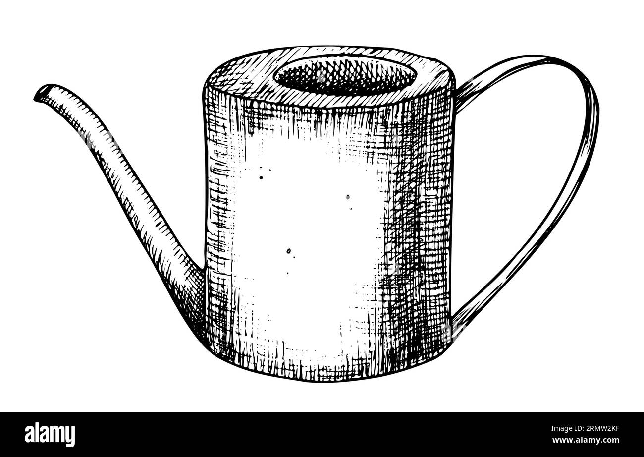 Caraffa rustica in metallo. Illustrazione vettoriale disegnata a mano di vaso retrò per fiori o liquidi su sfondo bianco isolato. Disegno di una brocca vintage per icona o logo. Disegni illustrativi degli utensili da cucina. Illustrazione Vettoriale