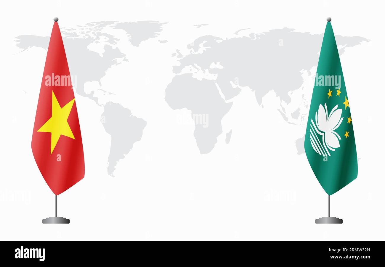 Bandiere del Vietnam e di Macao per un incontro ufficiale sullo sfondo della mappa mondiale. Illustrazione Vettoriale