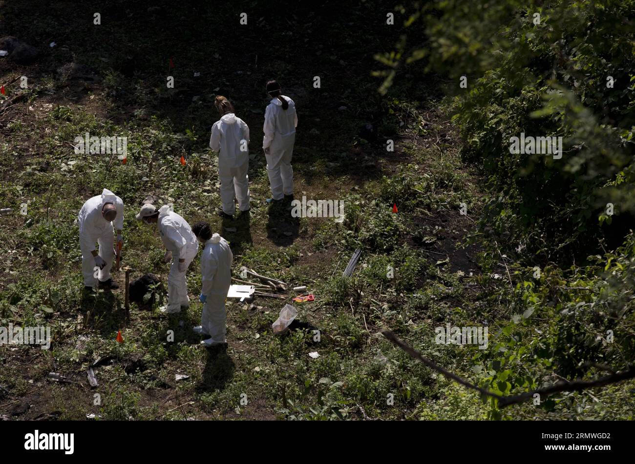 (141028) -- COCULA, 28 ottobre 2014 -- gli esaminatori scientifici cercano resti umani in una collina cosparsa di rifiuti nelle montagne densamente boscose, fuori Cocula, Messico, il 28 ottobre 2014. I sospettati arrestati questa settimana hanno detto ai pubblici ministeri che molti dei 43 studenti scomparsi il 26 settembre da Iguala erano stati trattenuti vicino a questo luogo. Rebecca Blackwell/) (ah) MEXICO-COCULA-SECURITY-CONFLICT POOL PUBLICATIONxNOTxINxCHN Foto Stock