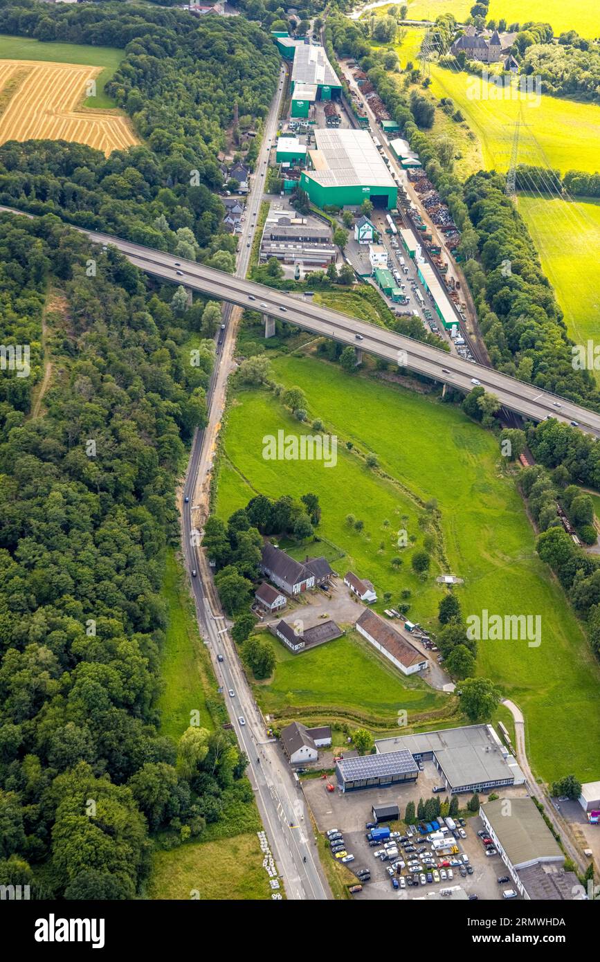 Veduta aerea, cantiere Wittener Straße tra Steinenhaus e la superstrada A43, concessionario di rottami di Bötzel, Westherbede, Witten, zona della Ruhr, North Rhine-W. Foto Stock