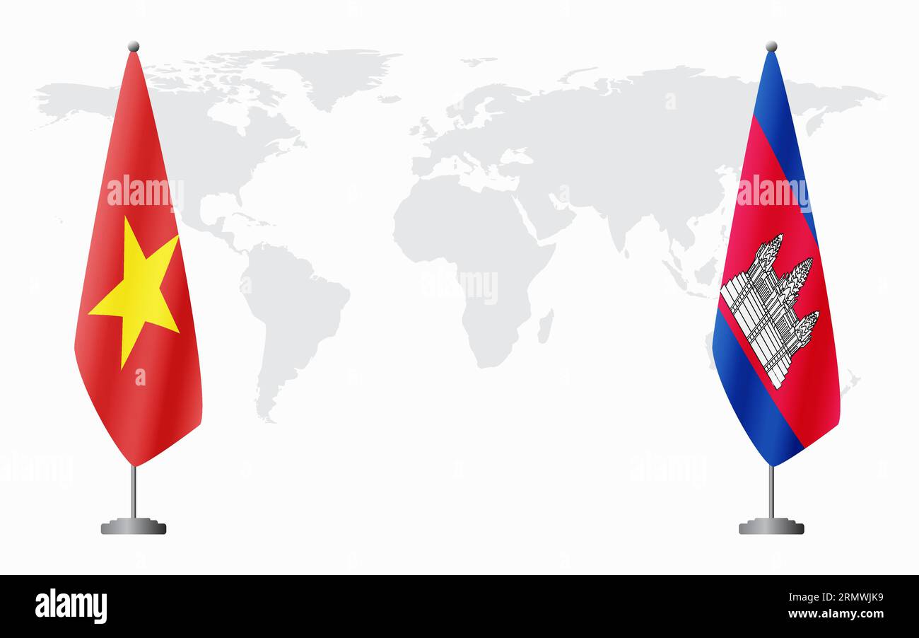 Bandiere del Vietnam e della Cambogia per un incontro ufficiale sullo sfondo della mappa mondiale. Illustrazione Vettoriale