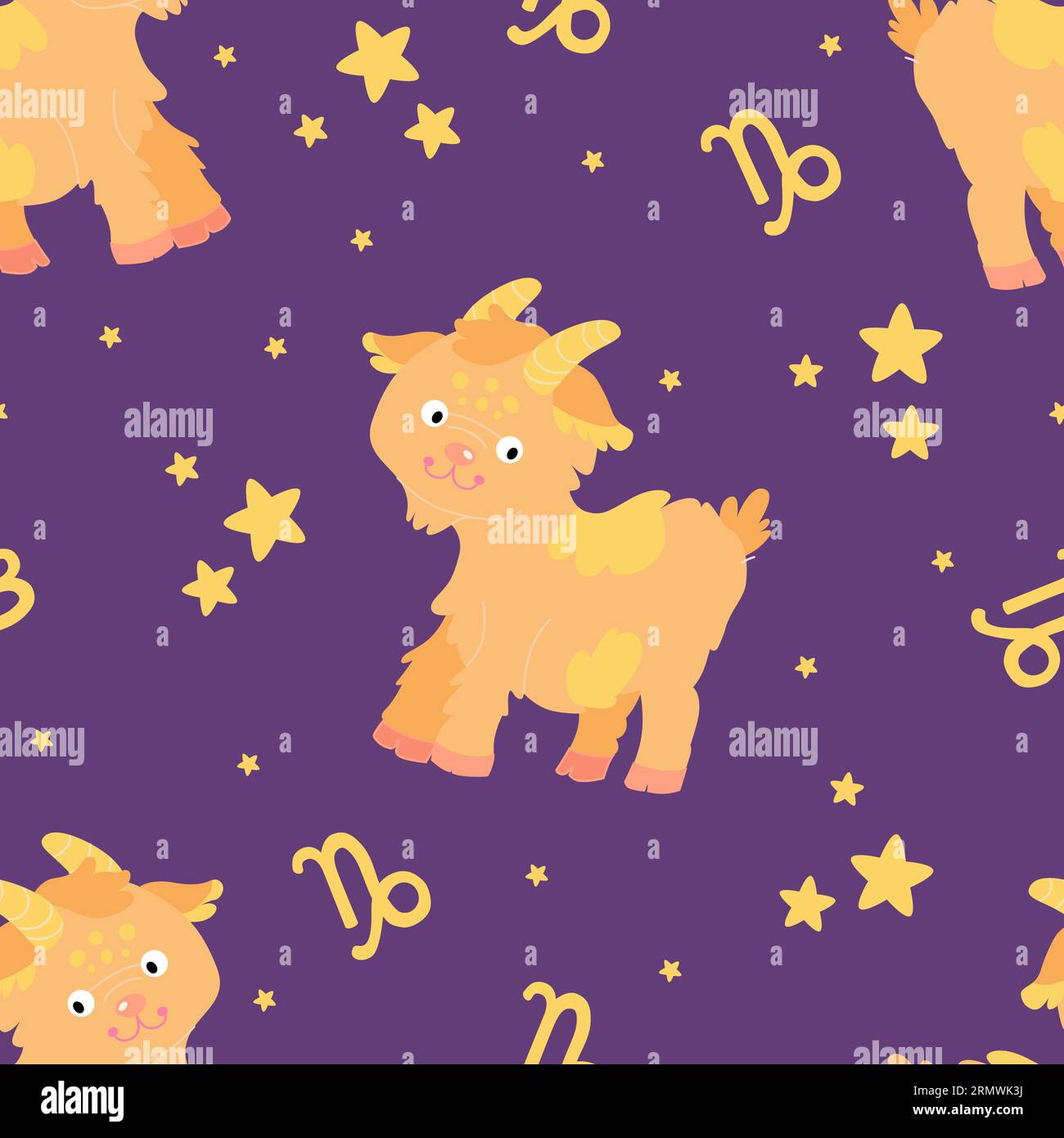 Simpatici segni zodiacali con Capricorno. Illustrazione vettoriale di tendenza disegnata a mano per bambini, stile piatto Illustrazione Vettoriale