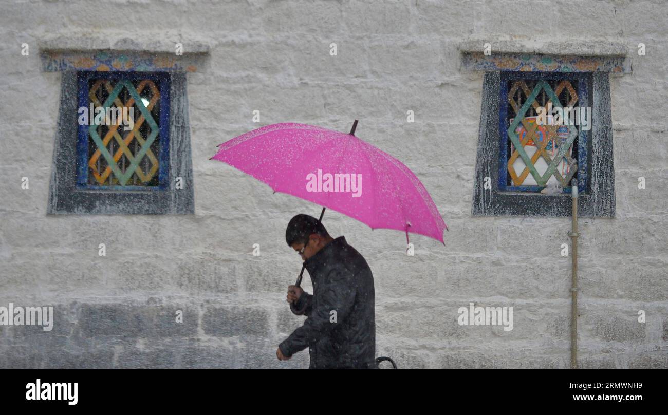 (141106) -- LHASA, 6 novembre 2014 -- Un uomo che tiene un ombrello braves Snow mentre cammina su una strada a Lhasa, capitale della regione Autonoma Tibet del sud-ovest della Cina, 6 novembre 2014. ) (lfj) CHINA-LHASA-SNOWFALL (CN) PurbuxZhaxi PUBLICATIONxNOTxINxCHN Lhasa Nov 6 2014 un uomo che tiene a Umbrella braves Snow mentre cammina SU una strada a Lhasa capitale della regione autonoma Tibet del sud-ovest della Cina Nov 6 2014 China Lhasa Snowfall CN PurbuxZhaxi PUBLICATIONXNOTxINCHN Foto Stock