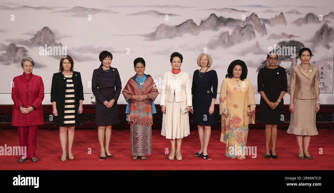 (141110) -- PECHINO, 10 novembre 2014 -- Peng Liyuan (C), moglie del presidente cinese Xi Jinping, posa per una foto di gruppo con ho Ching (1st L), moglie del primo ministro di Singapore Lee Hsien Loong, Bronagh Key (2nd L), moglie del primo ministro neozelandese John Key, Akie Abe (3rd L), moglie del primo ministro giapponese Shinzo Abe, Iriana Widodo (4th L), moglie del presidente indonesiano Joko Widodo, Laureen Harper (4th R), moglie del primo ministro canadese Stephen Harper, Rosmah Mansor (3rd R), moglie del primo ministro malese Najib Razak, Lynda Babao (2nd R), moglie del primo ministro della Papua nuova Guinea Peter o ne Foto Stock