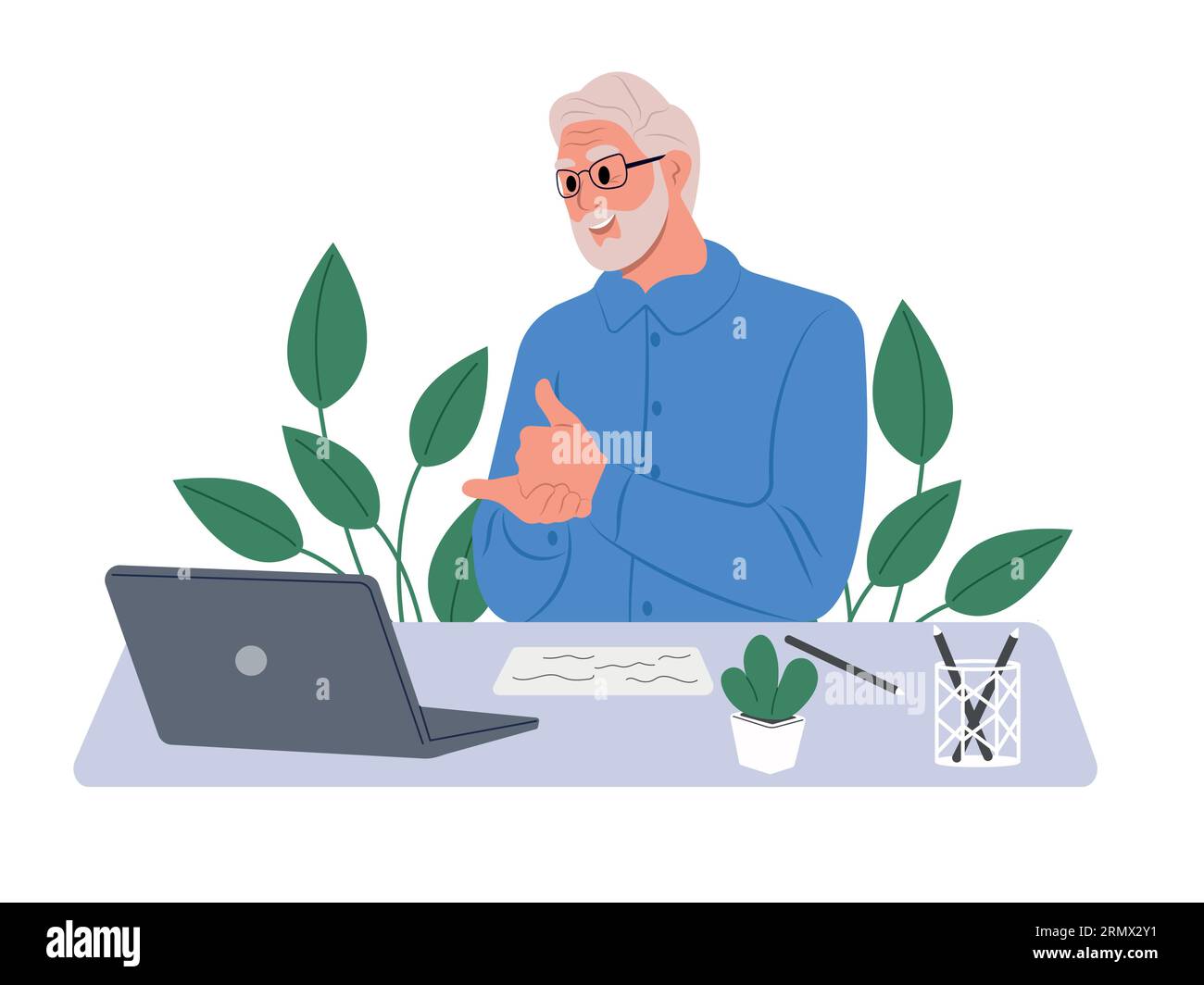 Uomo anziano che parla in videochiamata usando il linguaggio dei segni, parla con un paziente con problemi uditivi, sordità, mostra gesti sullo schermo. Illustrazione Vettoriale