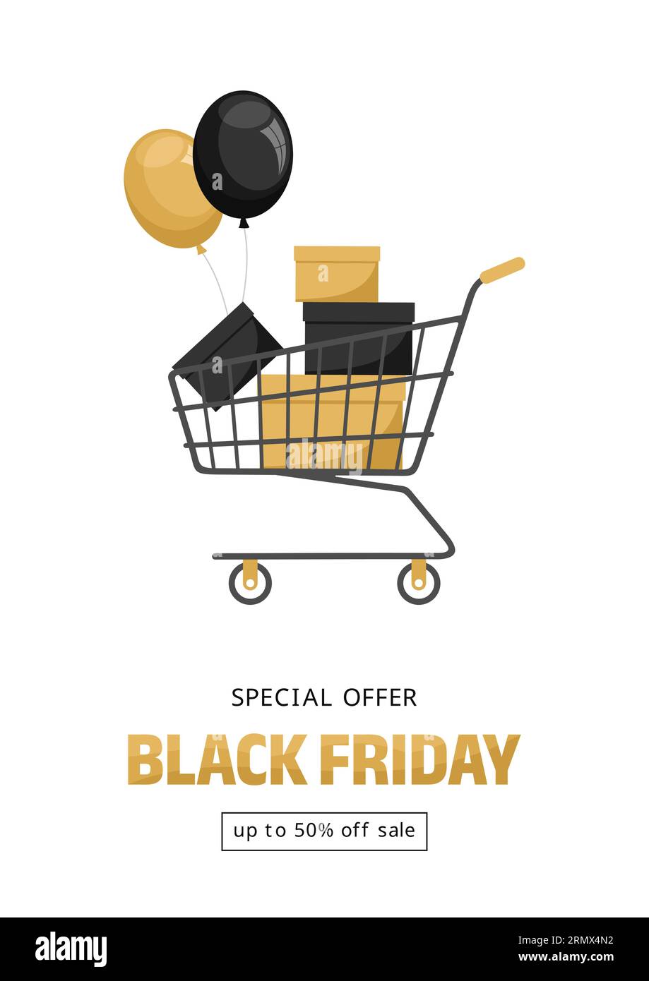 Carrello con scatole nere e dorate, palloncini e tipografia su sfondo bianco. Banner dell'offerta speciale Black friday. Illustrazione del vettore piatto Illustrazione Vettoriale