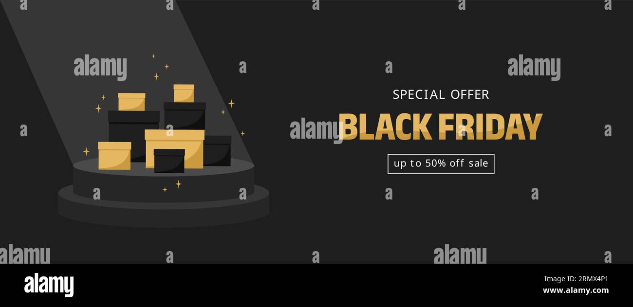 Scatole dorate e nere su un piedistallo sotto un raggio di luce tipografica. Banner per la promozione del Black friday. Illustrazione del vettore piatto Illustrazione Vettoriale