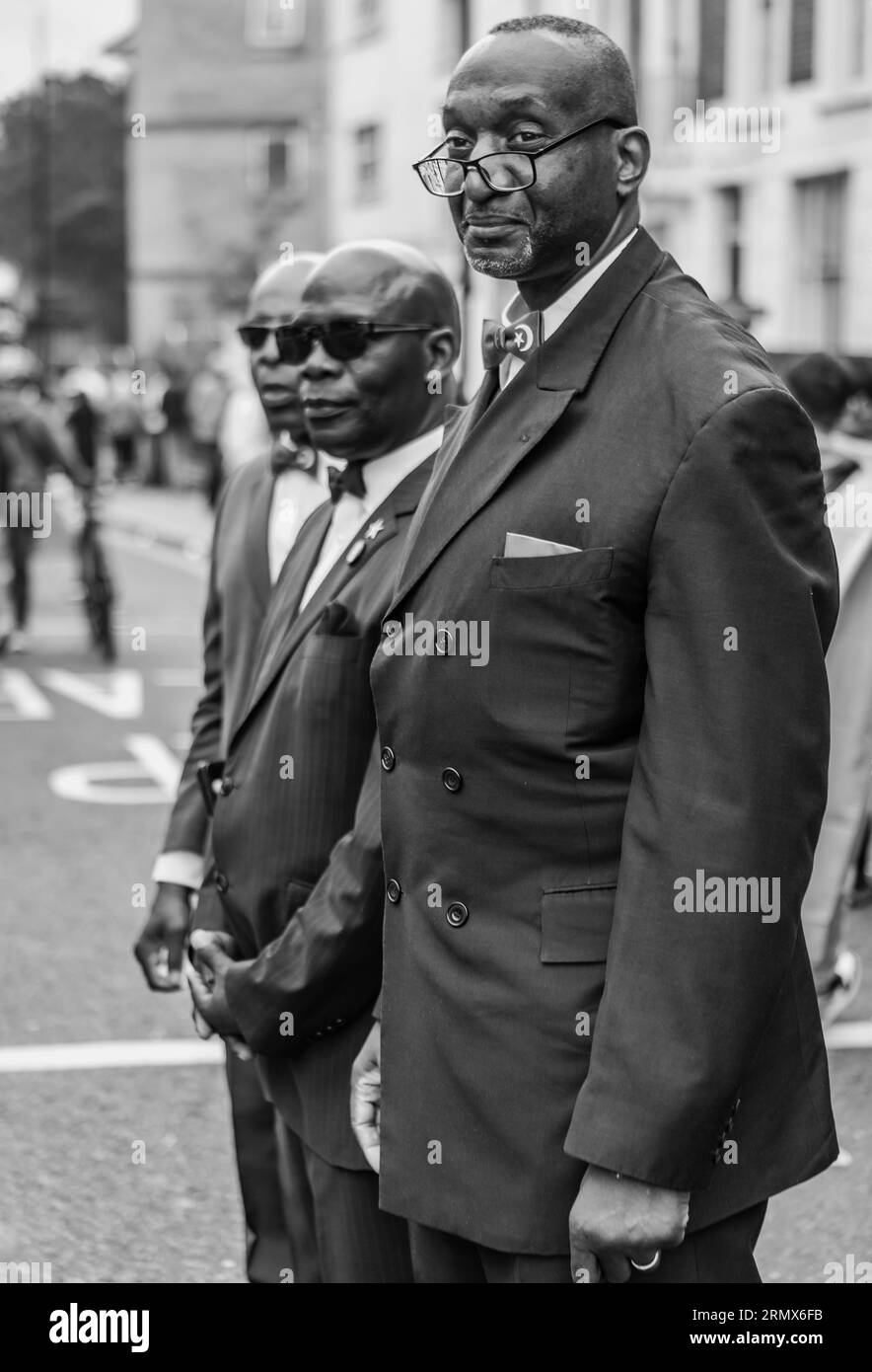 Immagine in bianco e nero della Nazione dell'Islam al Carnevale di Notting Hill a Londra. Foto Stock