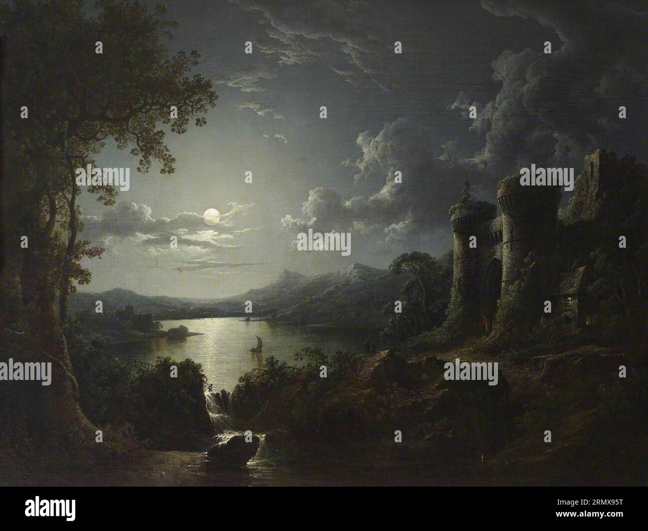 Paesaggio del fiume illuminato dalla luna con una porta Monumentale tra il 1810 e il 1844 di Sebastian Pether Foto Stock